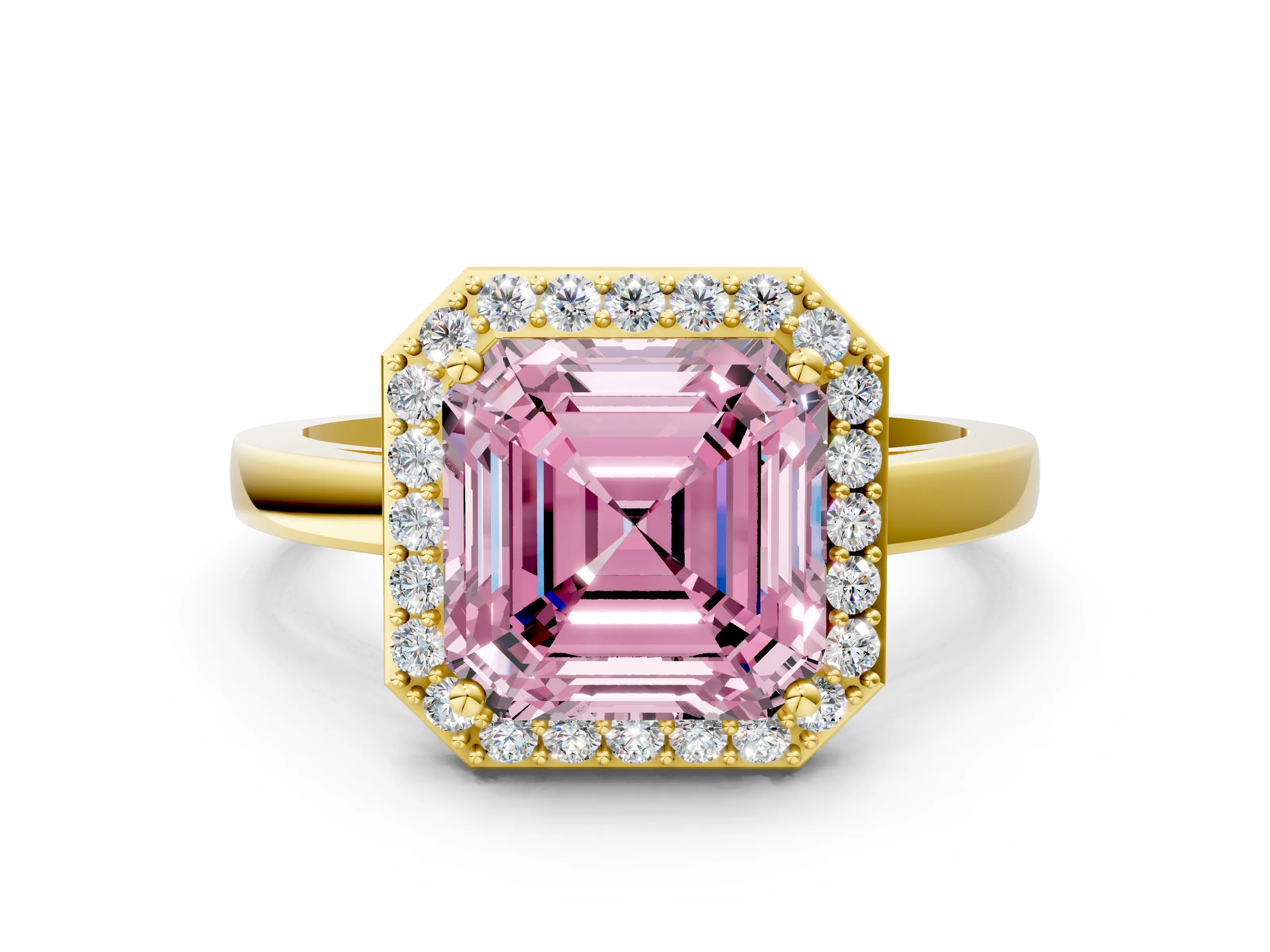 Yellow gold Fancy Pink Asscher Cut Halo Diamond Ring with Solitaire Band and Prong Setting