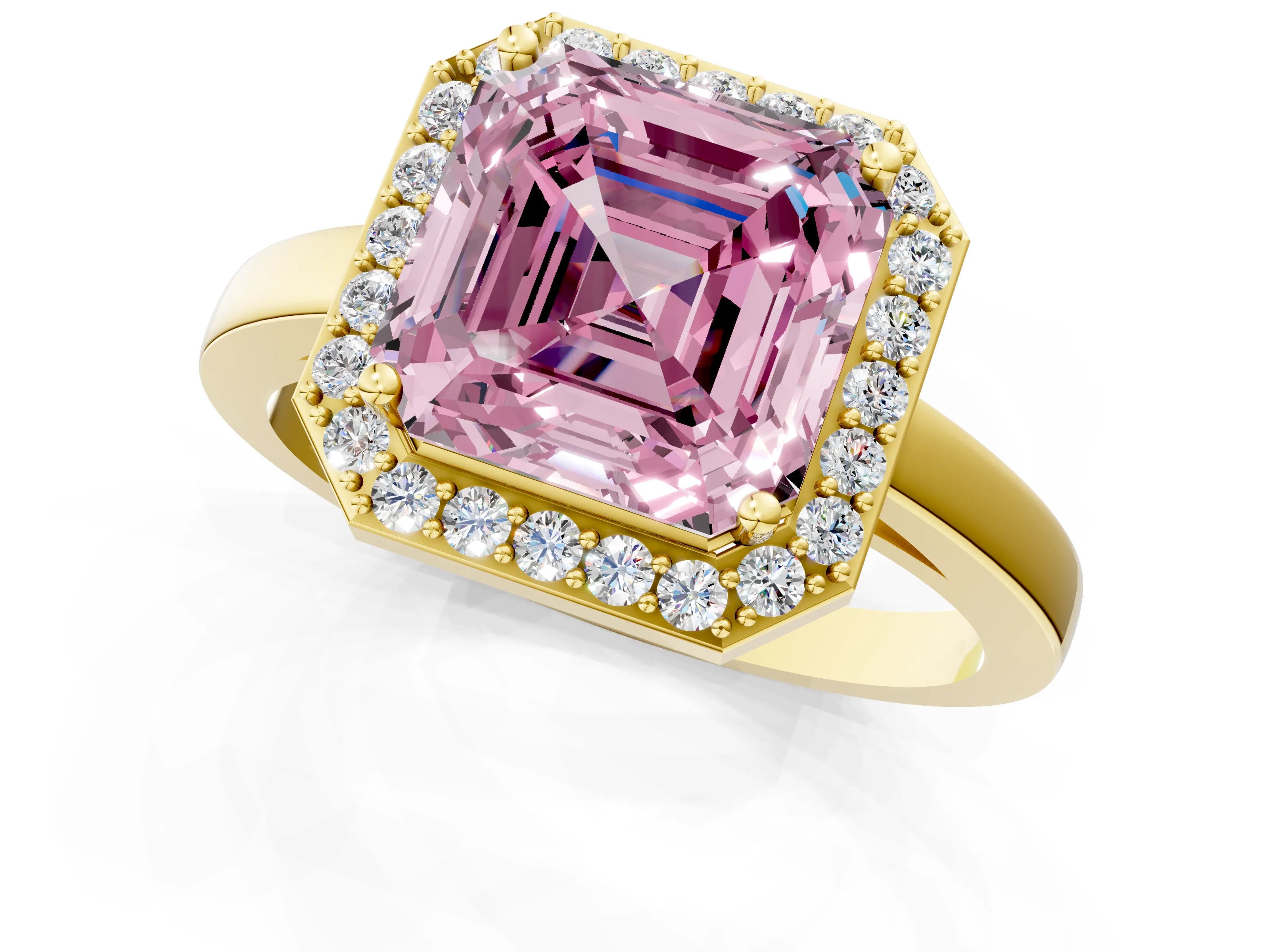 Yellow gold Fancy Pink Asscher Cut Halo Diamond Ring with Solitaire Band and Prong Setting_1