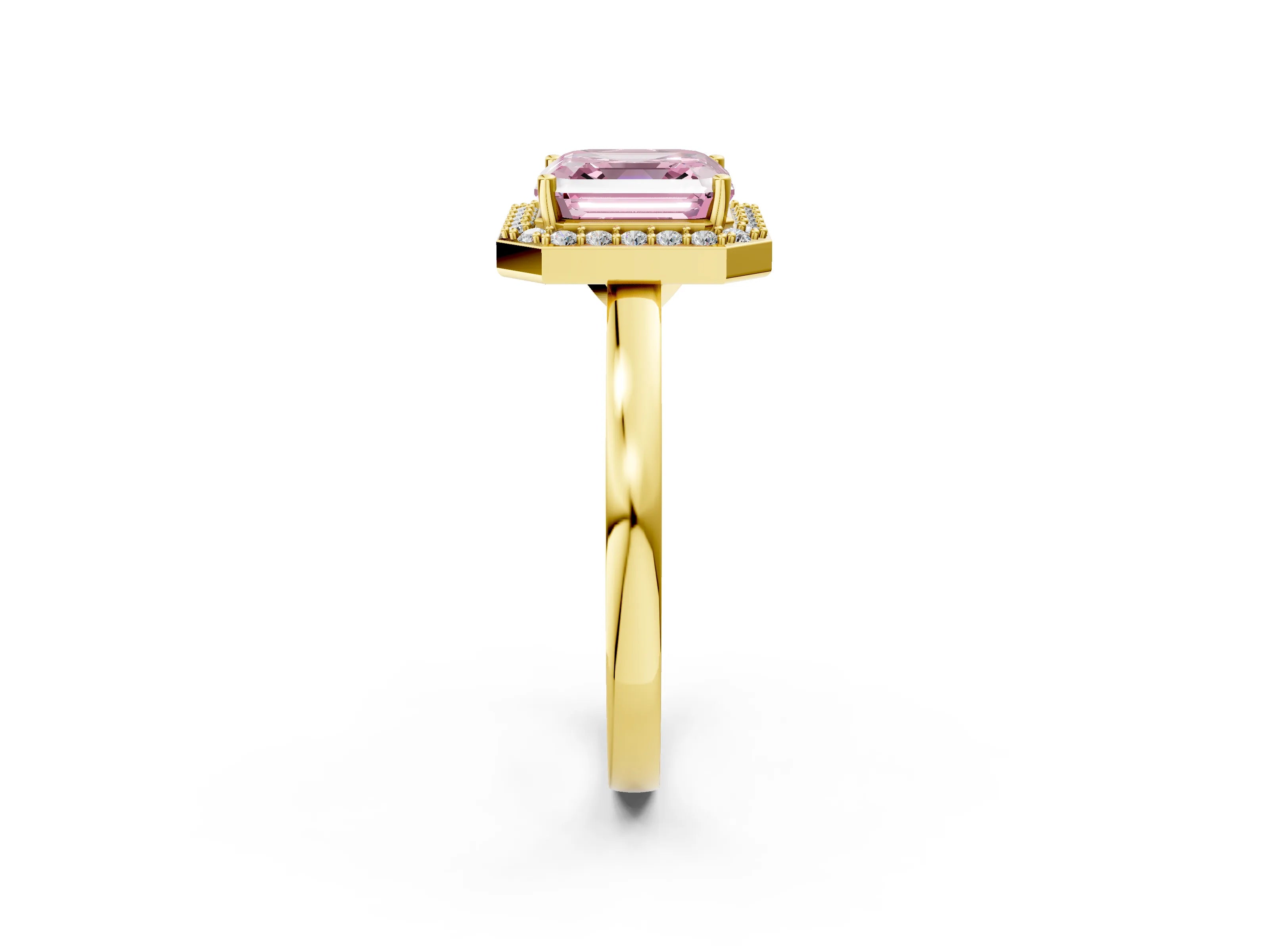 Yellow gold Fancy Pink Asscher Cut Halo Diamond Ring with Solitaire Band and Prong Setting_2