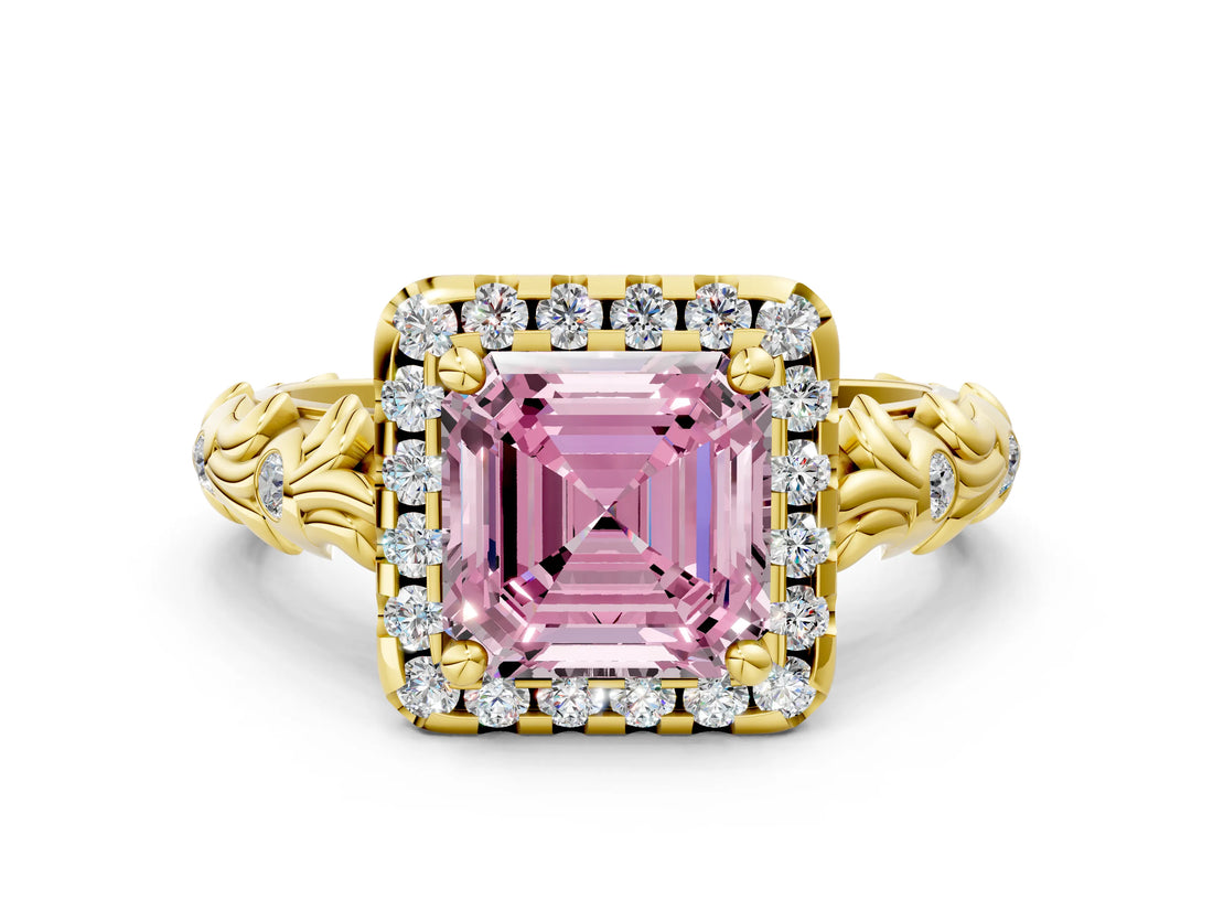 Yellow gold Fancy Pink Asscher Cut Halo Diamond Solitaire with Filigree Band and Four-Prong Setting