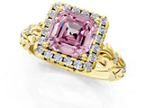 Yellow gold Fancy Pink Asscher Cut Halo Diamond Solitaire with Filigree Band and Four-Prong Setting_1