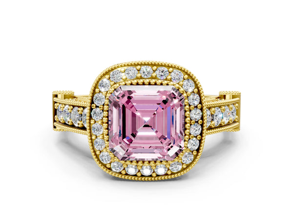 Yellow Gold Asscher Cut Vintage Bezel Halo Engagement Ring Setting for Fancy Pink Center