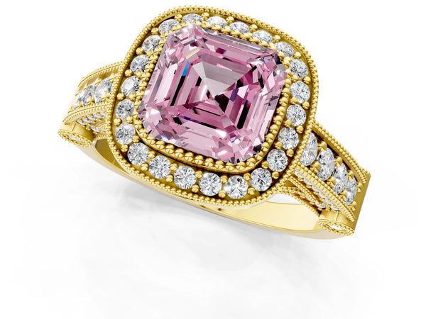 Yellow Gold Asscher Cut Vintage Bezel Halo Engagement Ring Setting for Fancy Pink Center