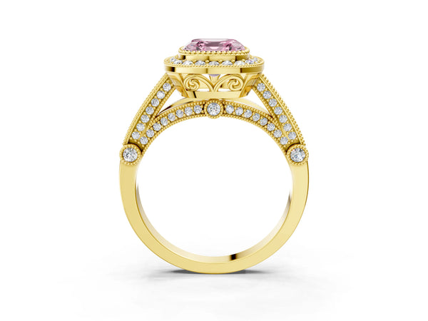 Yellow Gold Asscher Cut Vintage Bezel Halo Engagement Ring Setting for Fancy Pink Center