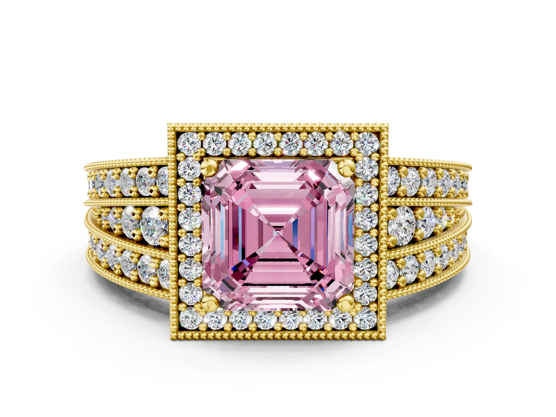Yellow gold Fancy Pink Asscher Cut Halo Diamond Split Shank Ring with Prong Setting