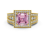 Yellow gold Fancy Pink Asscher Cut Halo Diamond Split Shank Ring with Prong Setting