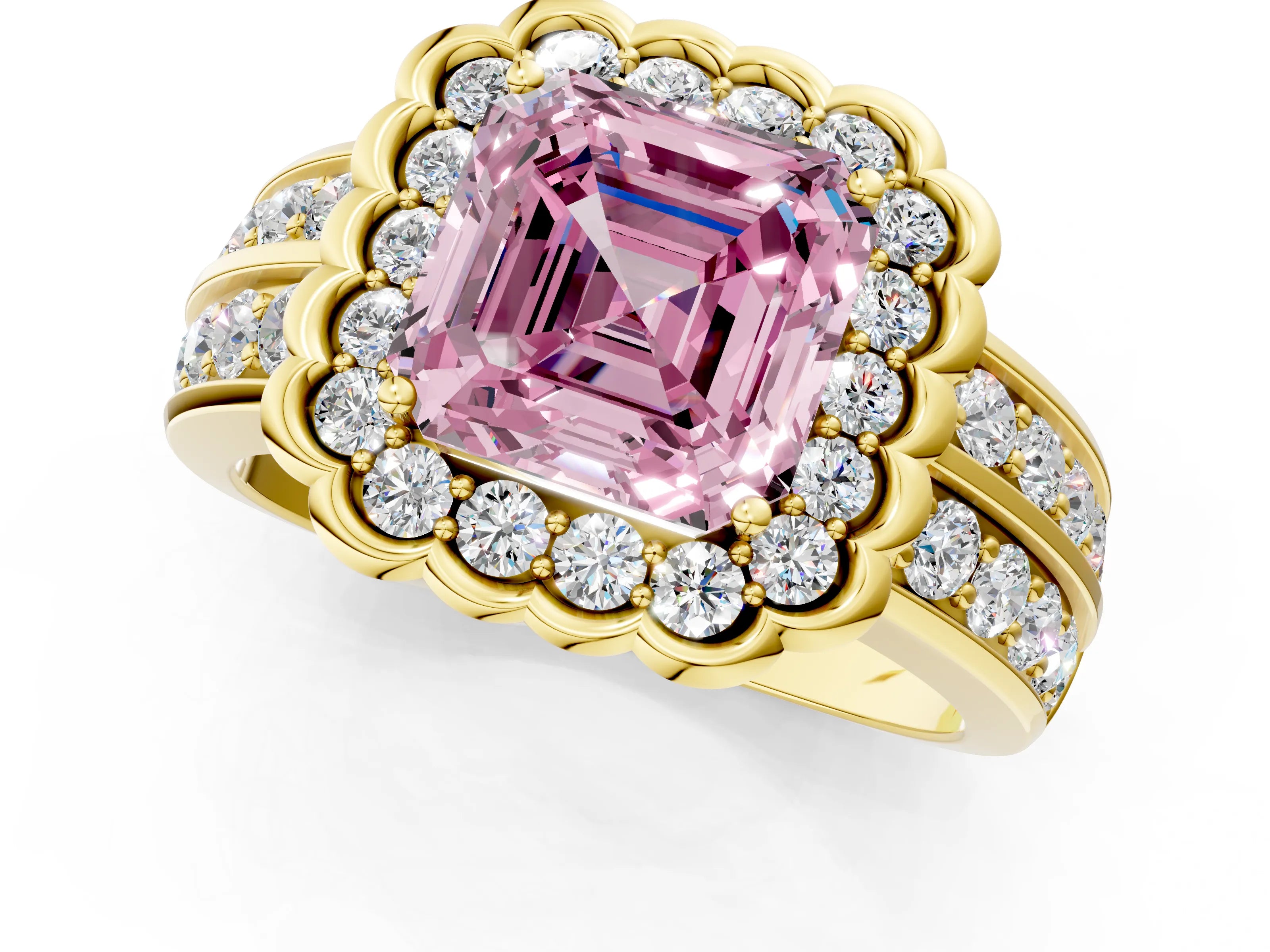 Yellow gold Fancy Pink Asscher Cut Halo Diamond Split Shank Ring with Scalloped Prong Setting_1