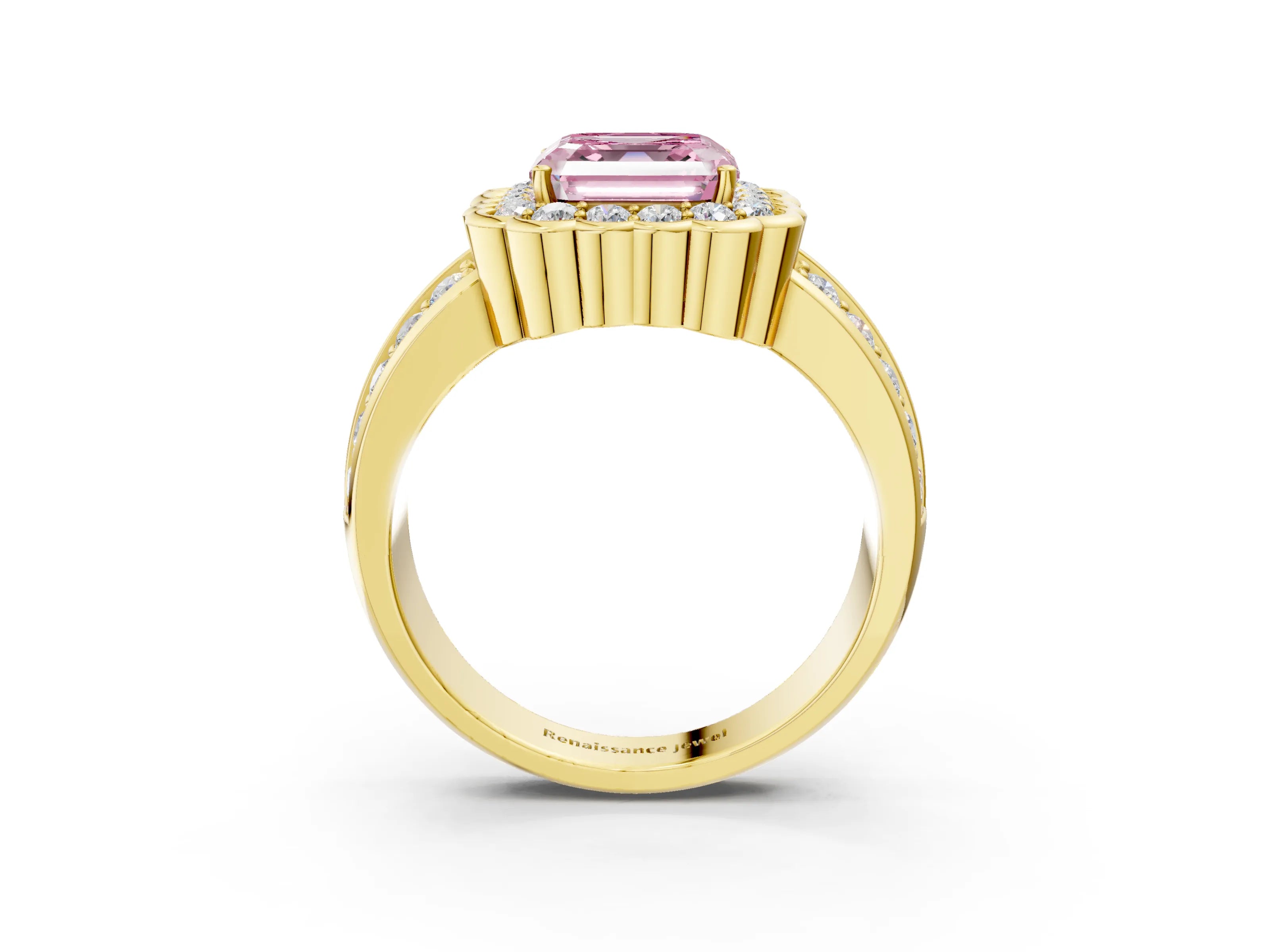Yellow gold Fancy Pink Asscher Cut Halo Diamond Split Shank Ring with Scalloped Prong Setting_3