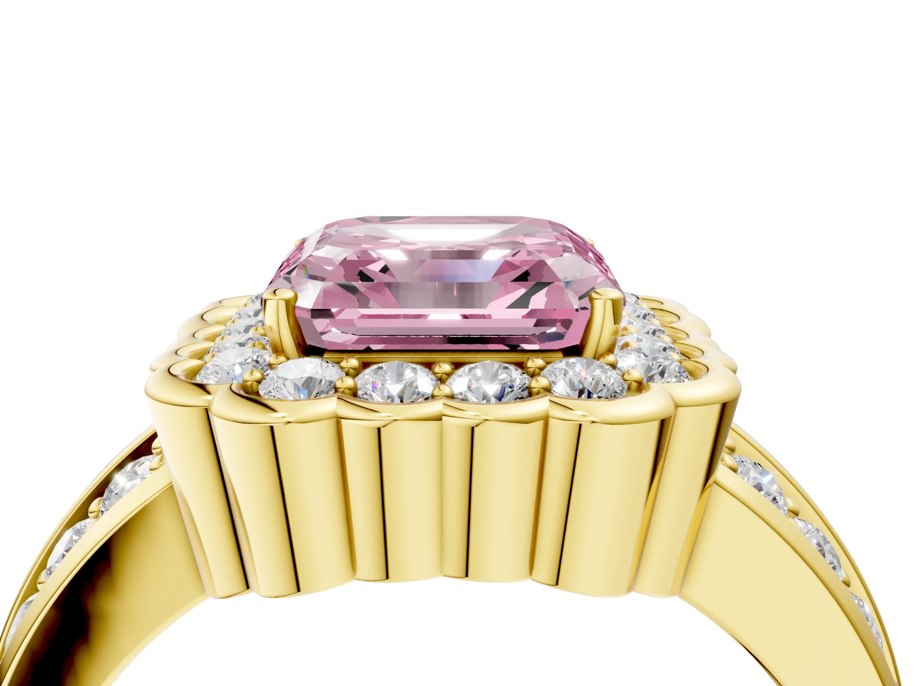 Yellow gold Fancy Pink Asscher Cut Halo Diamond Split Shank Ring with Scalloped Prong Setting_4