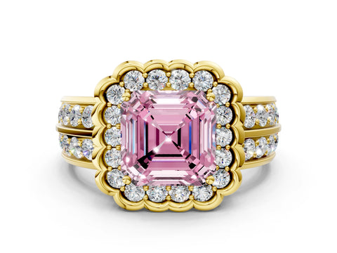Yellow gold Fancy Pink Asscher Cut Halo Diamond Split Shank Ring with Scalloped Prong Setting