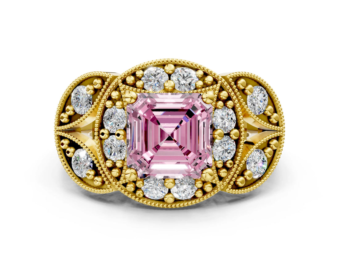 Yellow gold Fancy Pink Asscher Cut Halo Milgrain Diamond Engagement Ring with Leaf Band and Four-Prong Setting