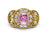 Yellow gold Fancy Pink Asscher Cut Halo Milgrain Diamond Engagement Ring with Leaf Band and Four-Prong Setting