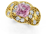 Yellow gold Fancy Pink Asscher Cut Halo Milgrain Diamond Engagement Ring with Leaf Band and Four-Prong Setting_1