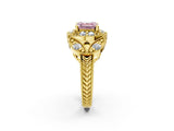 Yellow gold Fancy Pink Asscher Cut Halo Milgrain Diamond Engagement Ring with Leaf Band and Four-Prong Setting_2