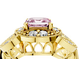 Yellow gold Fancy Pink Asscher Cut Halo Milgrain Diamond Engagement Ring with Leaf Band and Four-Prong Setting_4