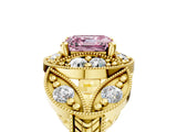 Yellow gold Fancy Pink Asscher Cut Halo Milgrain Diamond Engagement Ring with Leaf Band and Four-Prong Setting_5