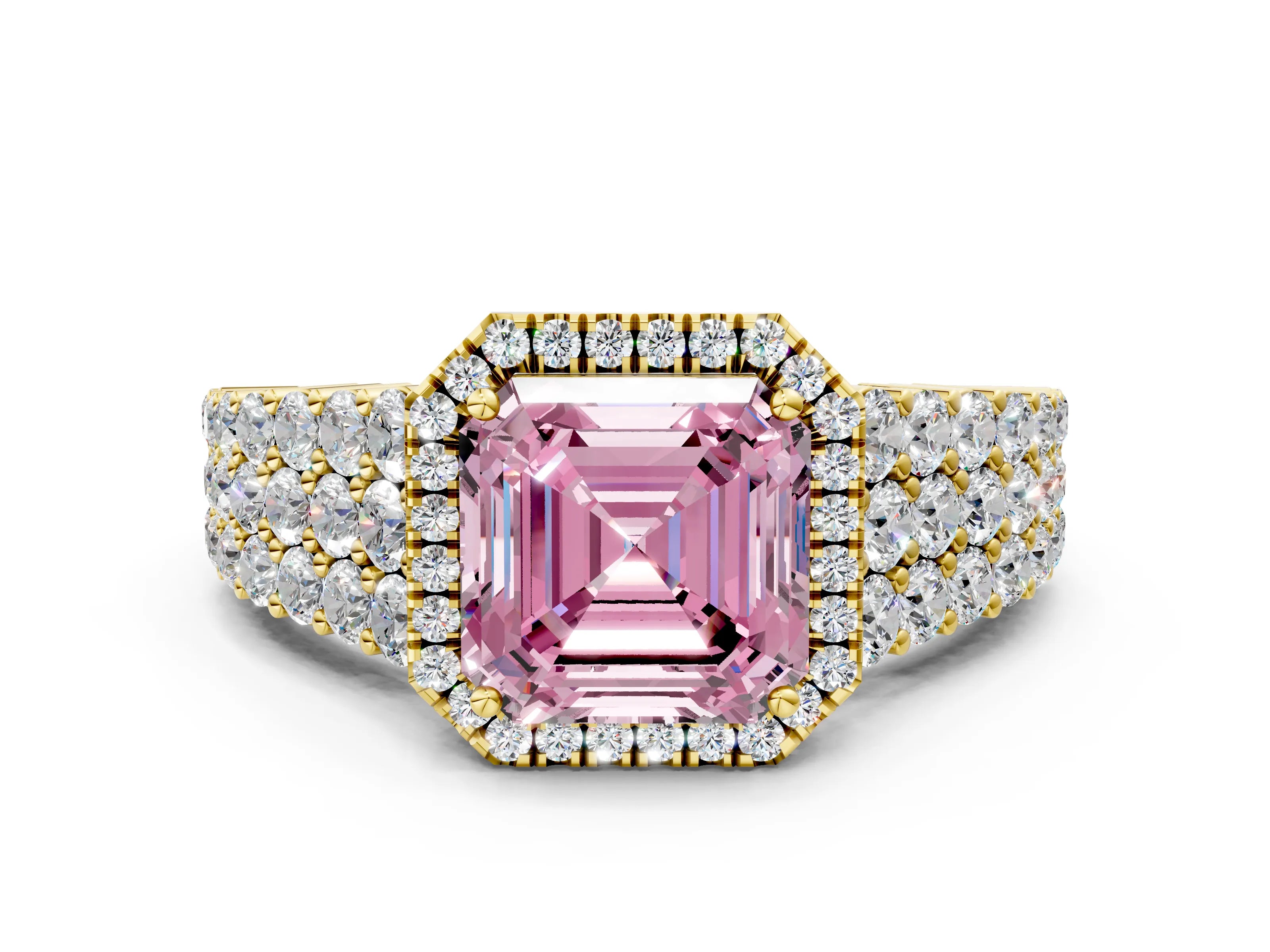 Yellow gold Fancy Pink Asscher Cut Halo Pavé Diamond Engagement Ring with Split Shank and Four-Prong Setting_3