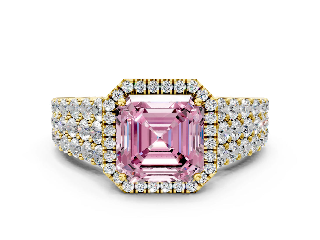 Yellow gold Fancy Pink Asscher Cut Halo Pavé Diamond Engagement Ring with Split Shank and Four-Prong Setting_3