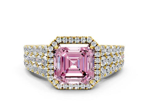 Yellow gold Fancy Pink Asscher Cut Halo Pavé Diamond Engagement Ring with Split Shank and Four-Prong Setting_3