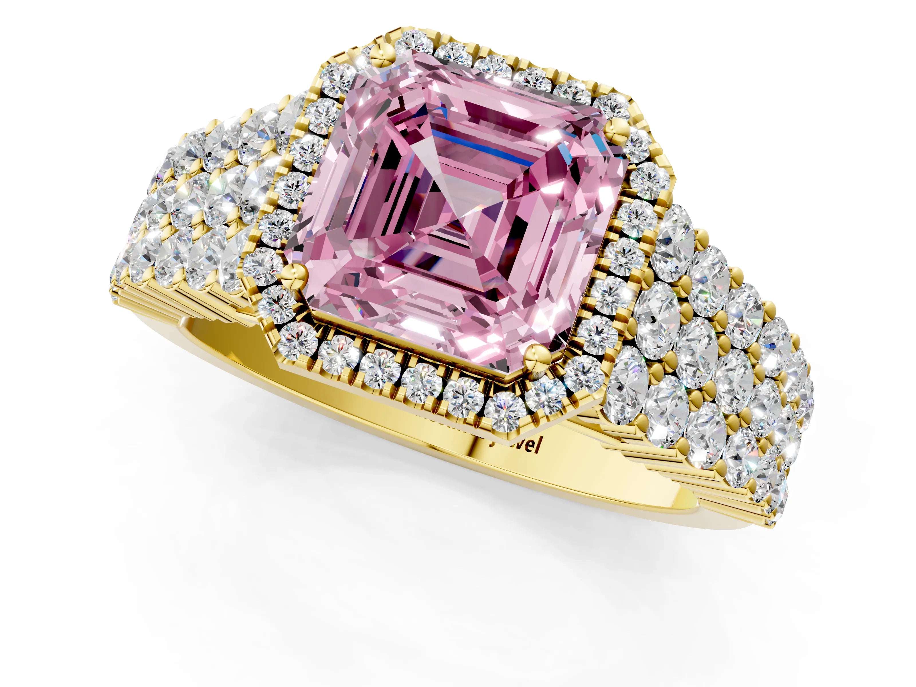 Yellow gold Fancy Pink Asscher Cut Halo Pavé Diamond Engagement Ring with Split Shank and Four-Prong Setting_4