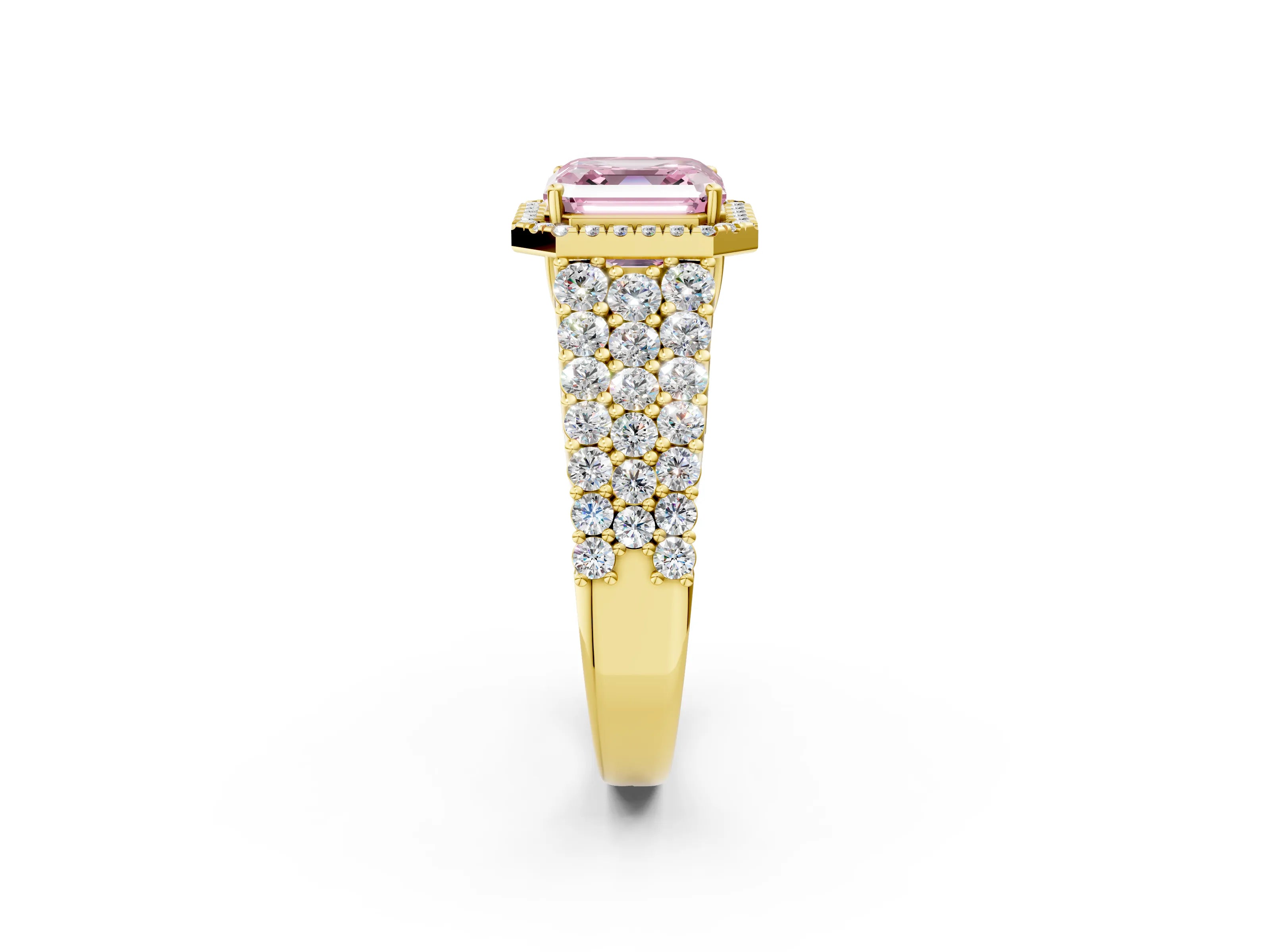 Yellow gold Fancy Pink Asscher Cut Halo Pavé Diamond Engagement Ring with Split Shank and Four-Prong Setting_5