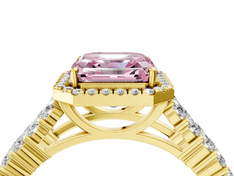 Yellow gold Fancy Pink Asscher Cut Halo Pavé Diamond Engagement Ring with Split Shank and Four-Prong Setting_7