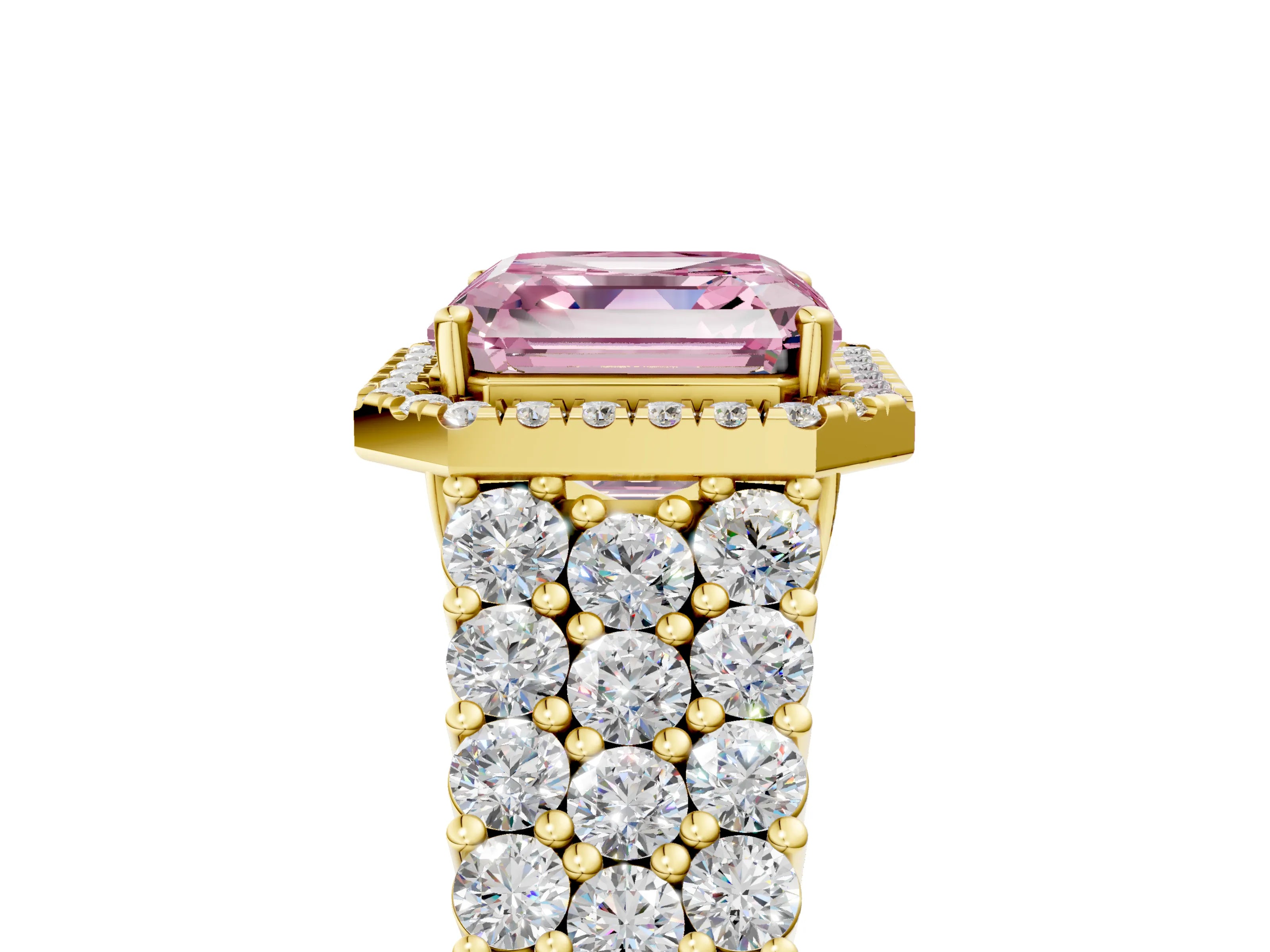 Yellow gold Fancy Pink Asscher Cut Halo Pavé Diamond Engagement Ring with Split Shank and Four-Prong Setting_8