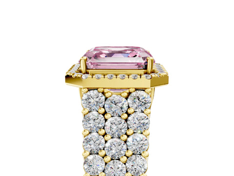 Yellow gold Fancy Pink Asscher Cut Halo Pavé Diamond Engagement Ring with Split Shank and Four-Prong Setting_8