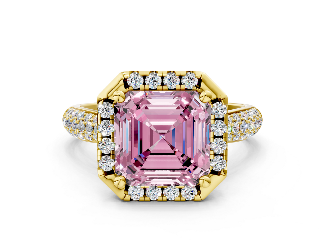 Yellow gold Fancy Pink Asscher  Cut Halo Pave Band Four-Prong Setting Ring