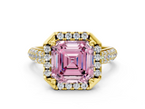 Yellow gold Fancy Pink Asscher  Cut Halo Pave Band Four-Prong Setting Ring