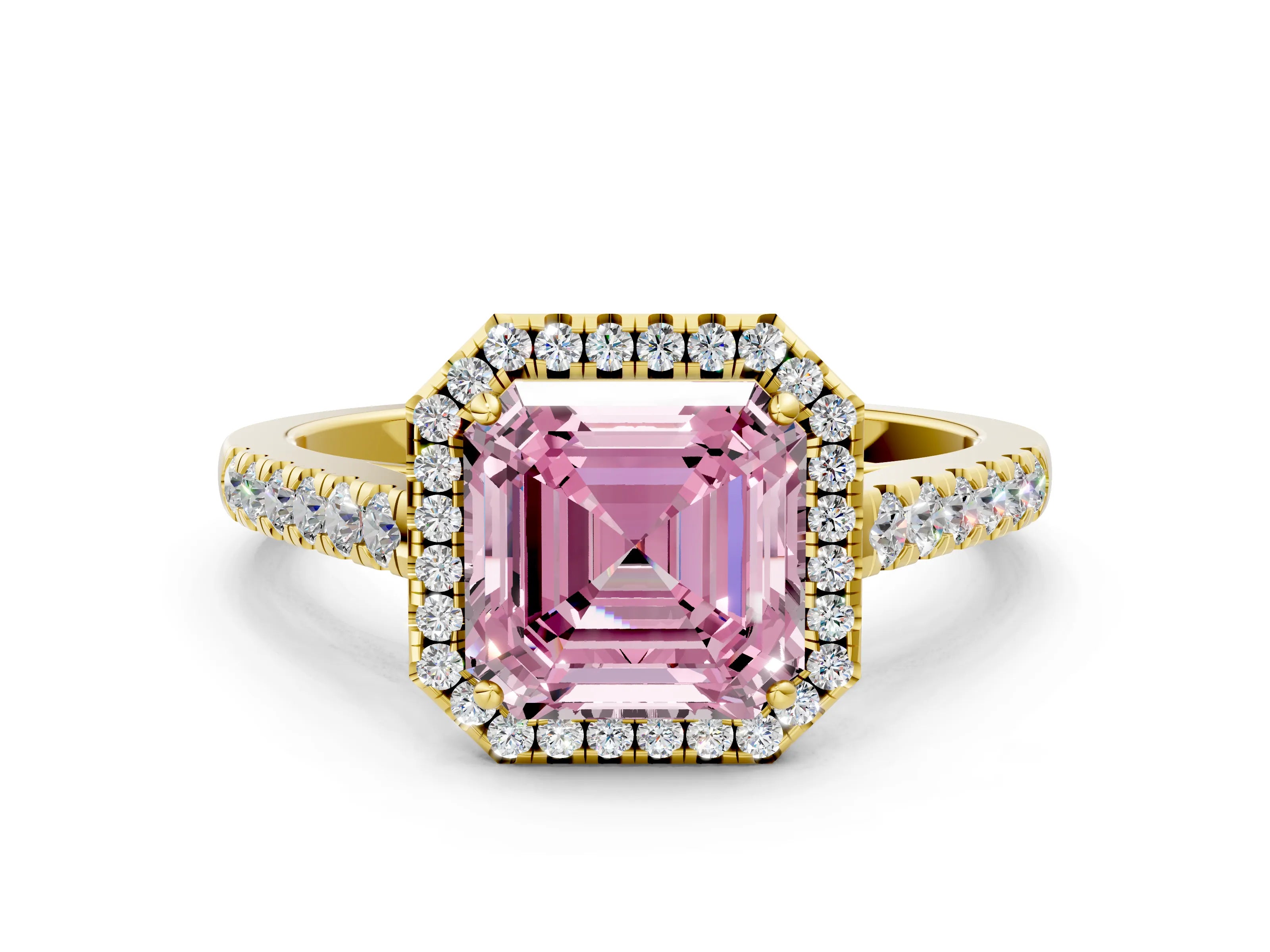 Yellow gold Fancy Pink Asscher Cut Halo Pave Diamond Engagement Ring with Four-Prong Setting