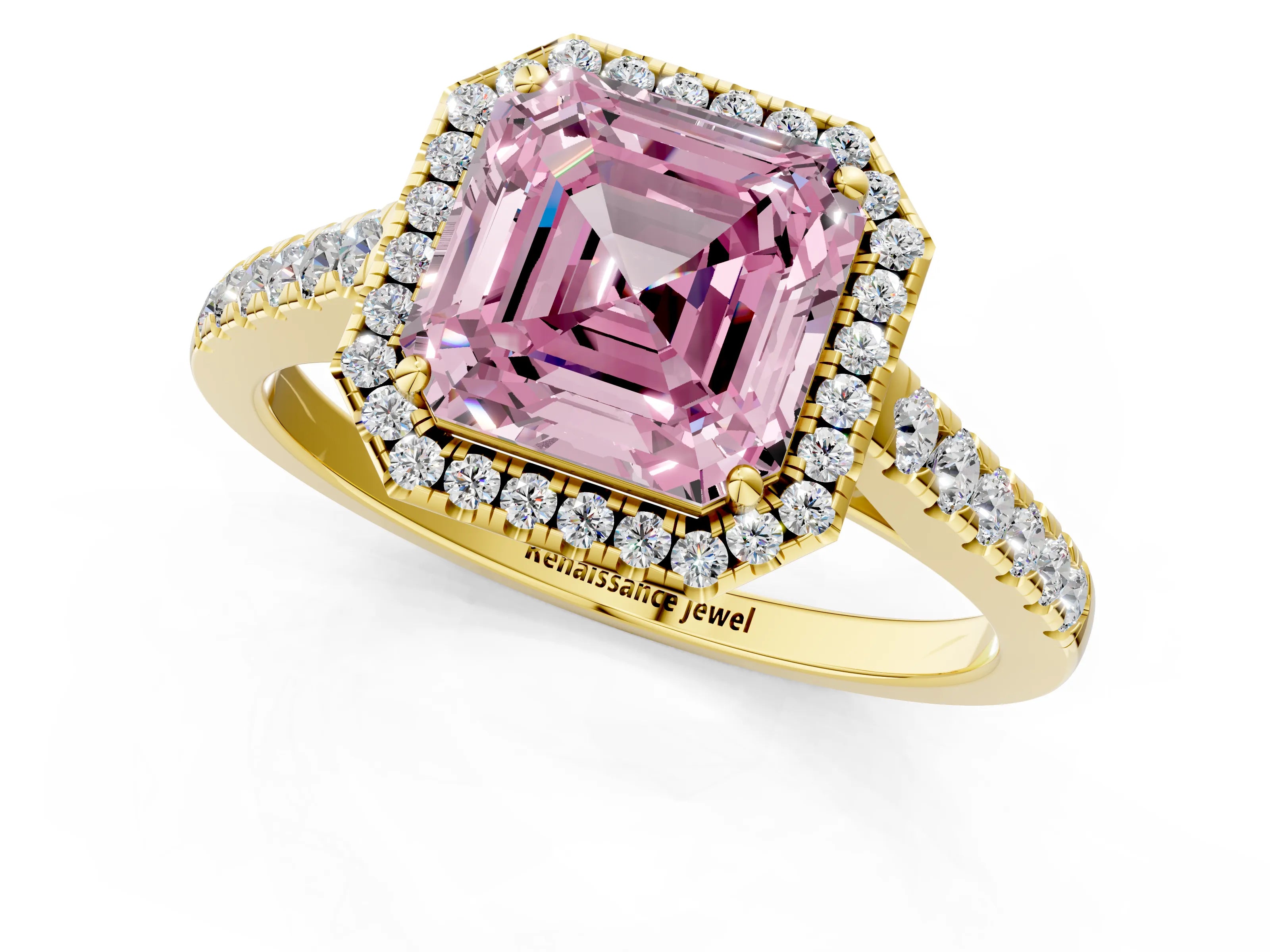 Yellow gold Fancy Pink Asscher Cut Halo Pave Diamond Engagement Ring with Four-Prong Setting_1