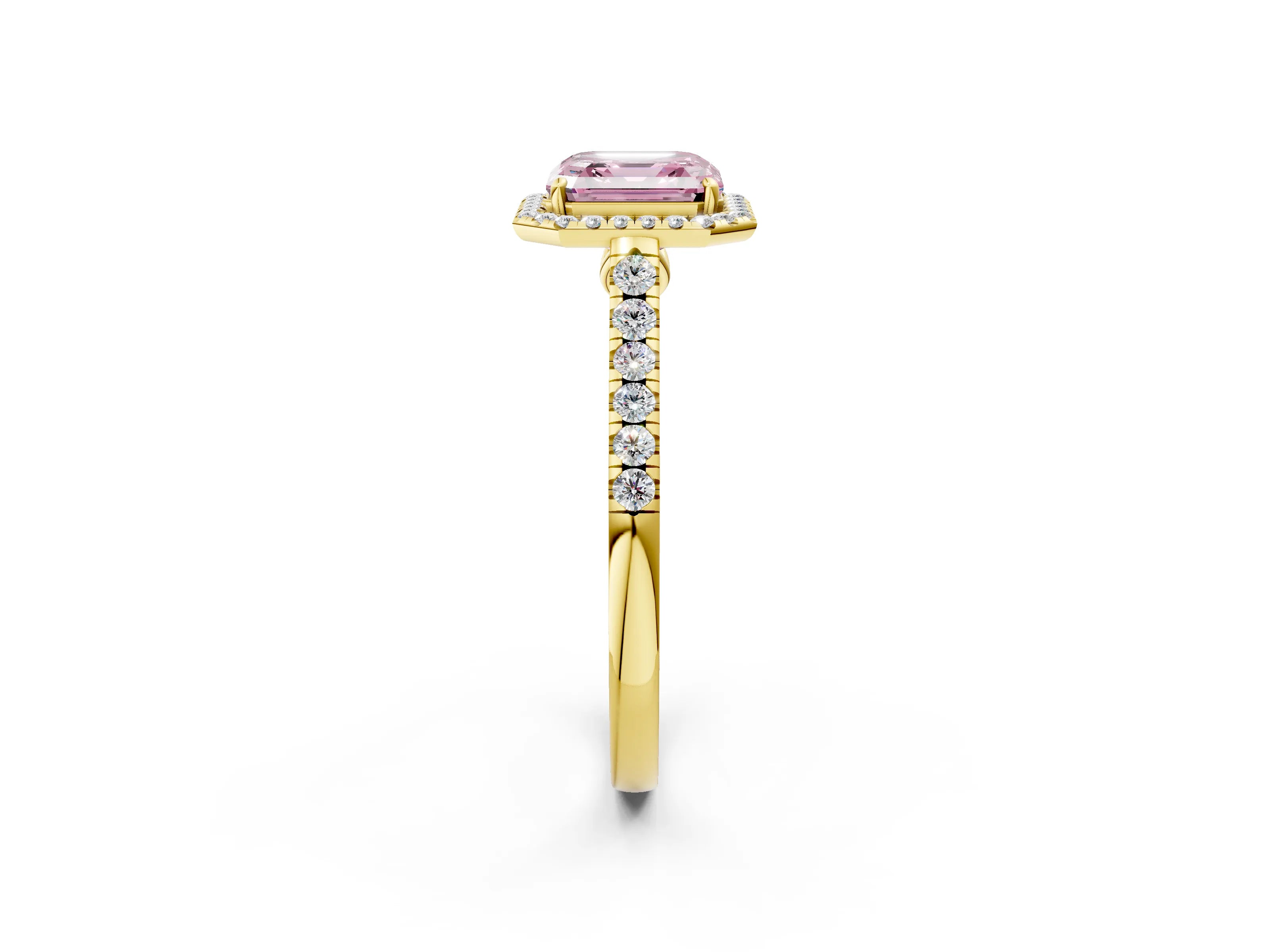 Yellow gold Fancy Pink Asscher Cut Halo Pave Diamond Engagement Ring with Four-Prong Setting_2
