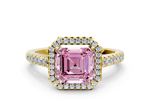 Yellow gold Fancy Pink Asscher Cut Halo Pave Diamond Engagement Ring with Four-Prong Setting