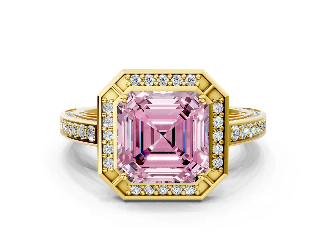 Yellow gold Fancy Pink Asscher  Cut Halo Pave Split Shank Prong Setting Ring_48