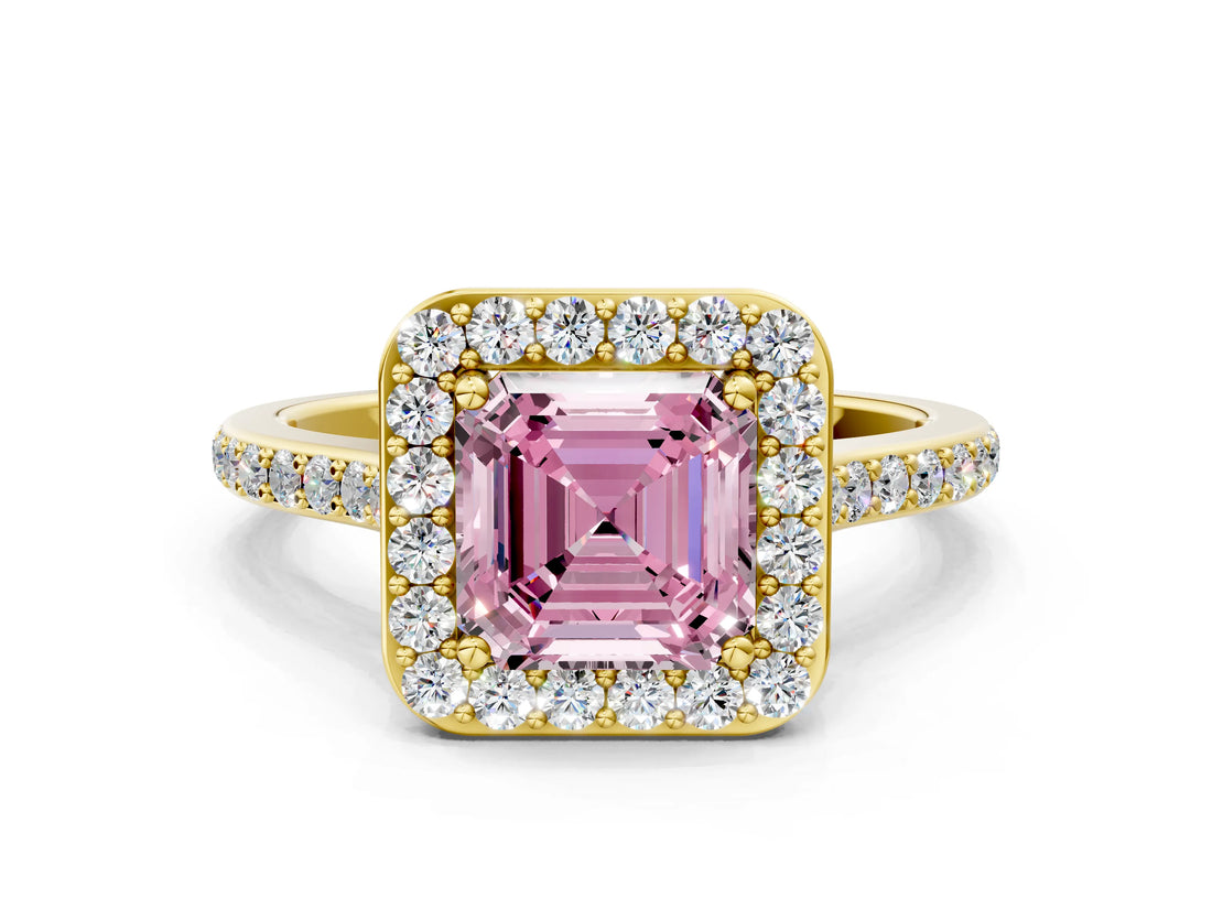 Yellow gold Fancy Pink Asscher Cut Halo Round Diamond Pavé Band with Four-Prong Setting_3