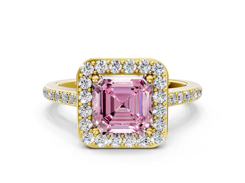 Yellow gold Fancy Pink Asscher Cut Halo Round Diamond Pavé Band with Four-Prong Setting_3