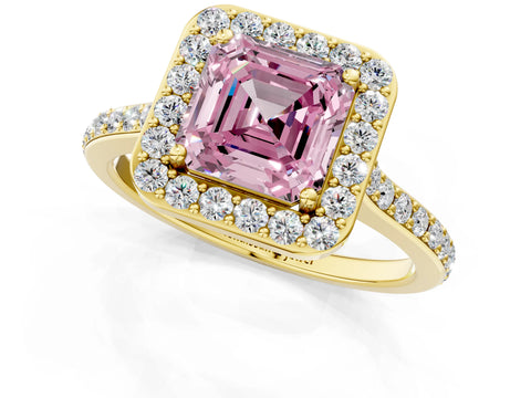 Yellow gold Fancy Pink Asscher Cut Halo Round Diamond Pavé Band with Four-Prong Setting_4