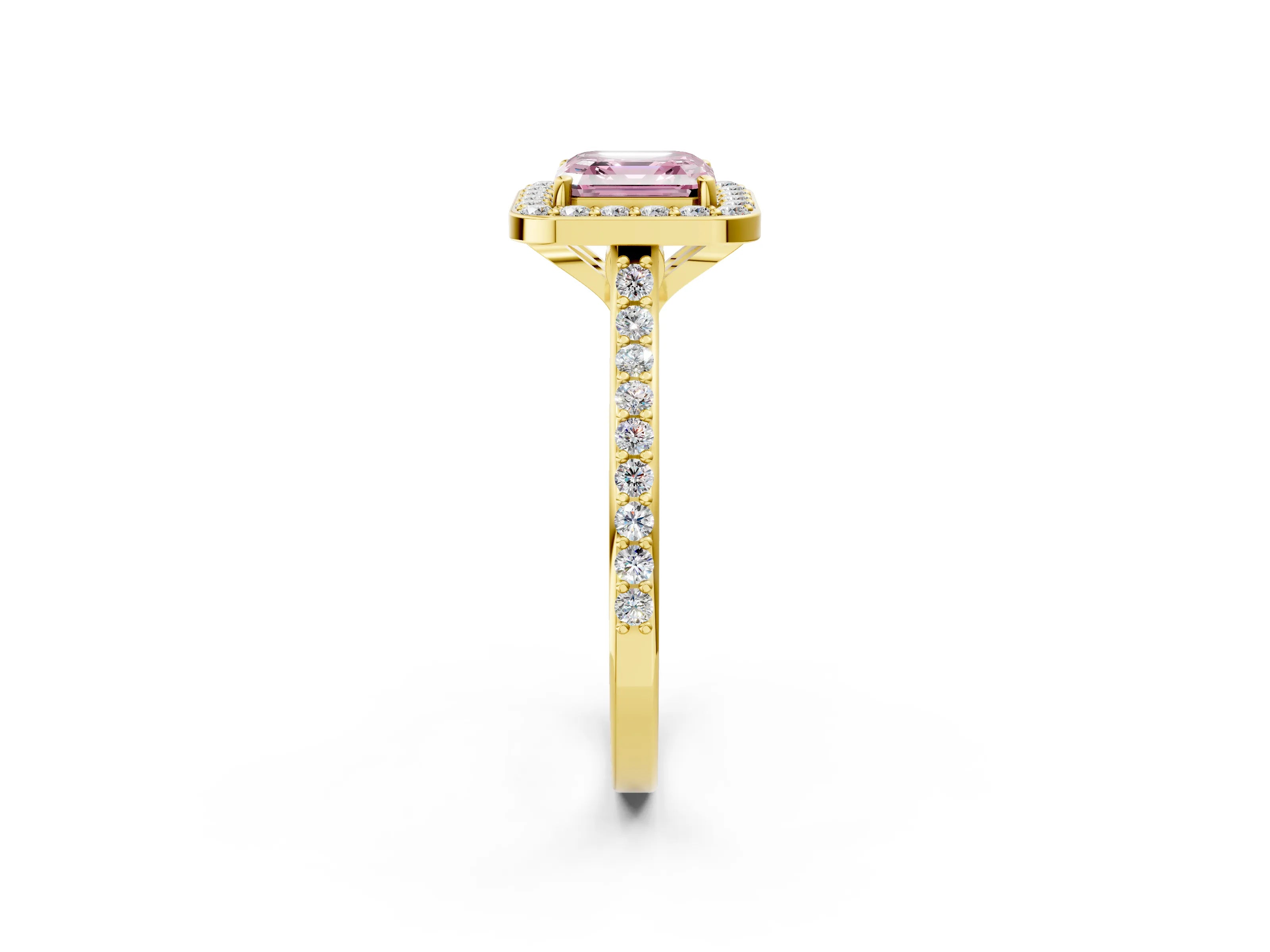 Yellow gold Fancy Pink Asscher Cut Halo Round Diamond Pavé Band with Four-Prong Setting_5