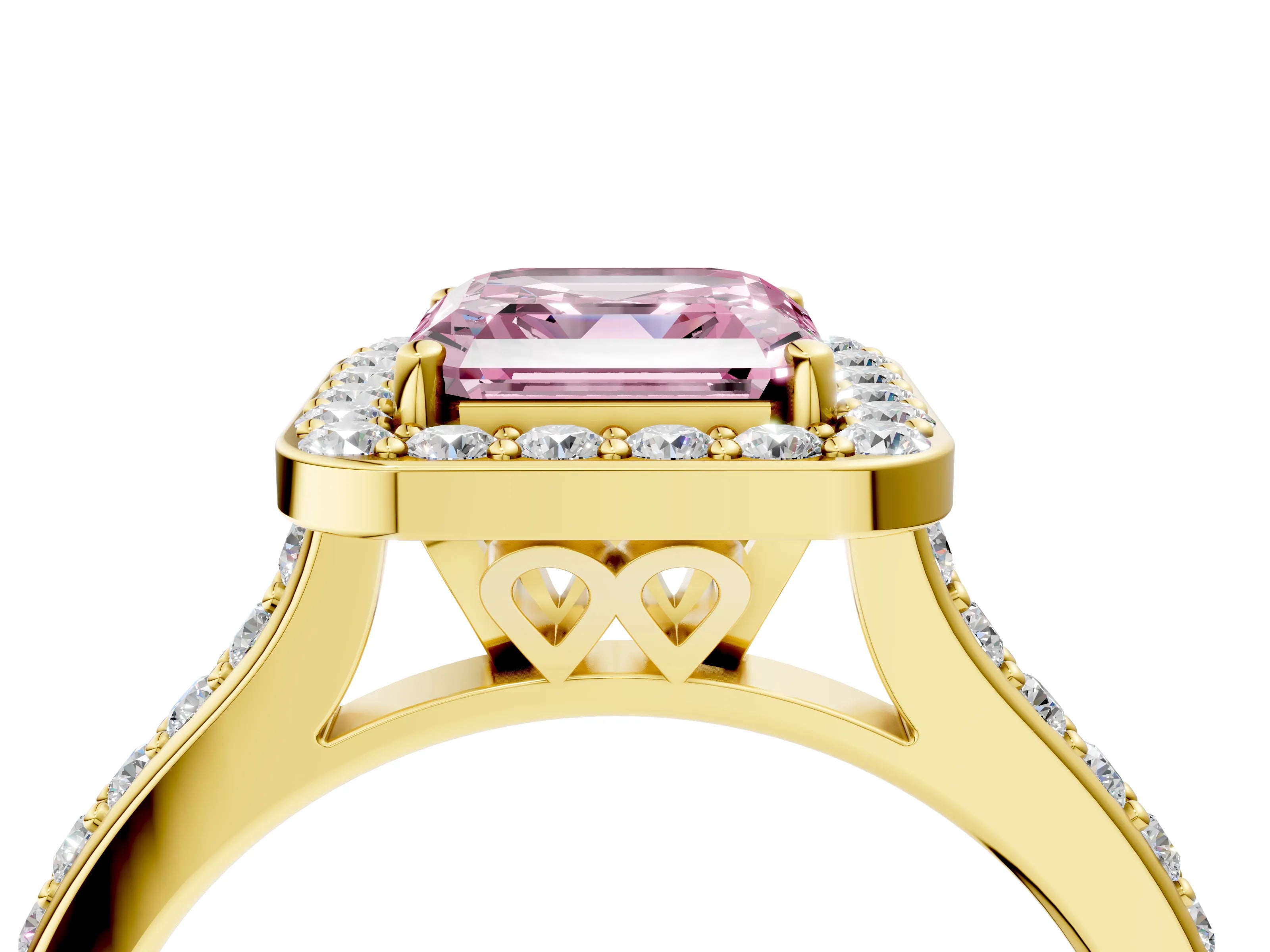 Yellow gold Fancy Pink Asscher Cut Halo Round Diamond Pavé Band with Four-Prong Setting_7