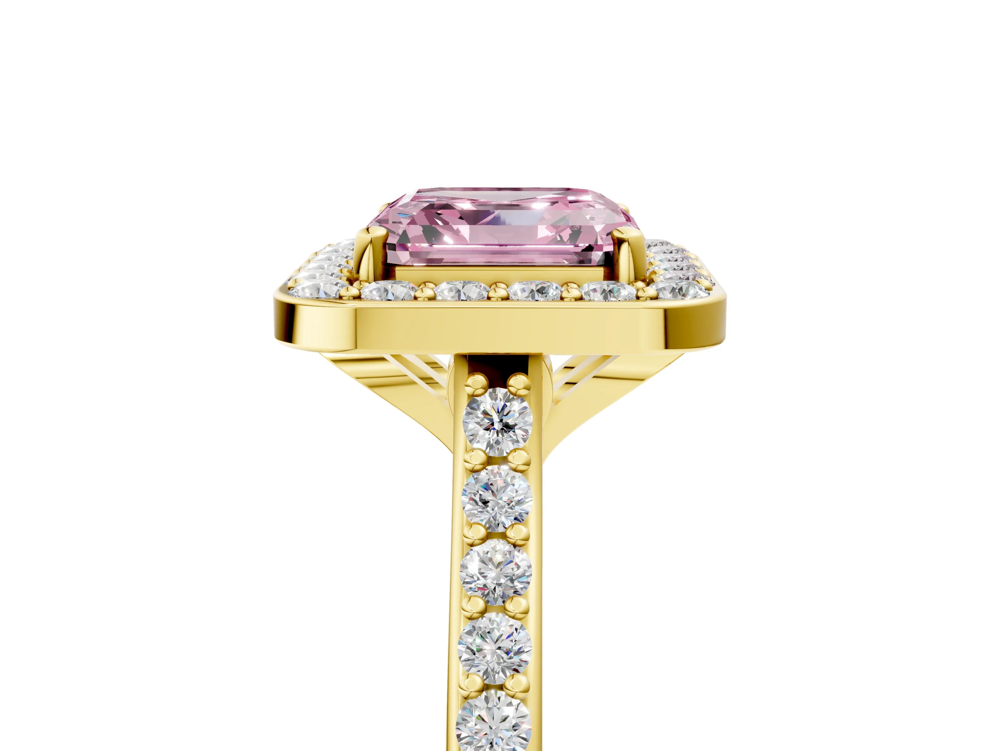 Yellow gold Fancy Pink Asscher Cut Halo Round Diamond Pavé Band with Four-Prong Setting_8