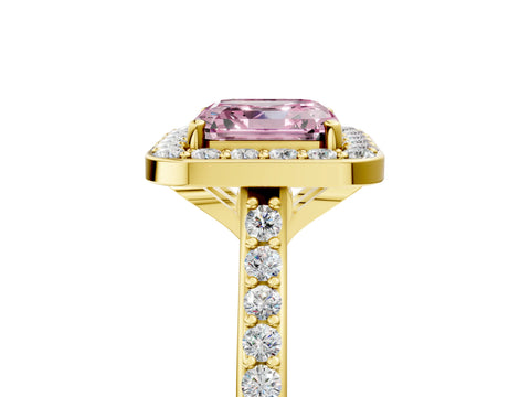 Yellow gold Fancy Pink Asscher Cut Halo Round Diamond Pavé Band with Four-Prong Setting_8