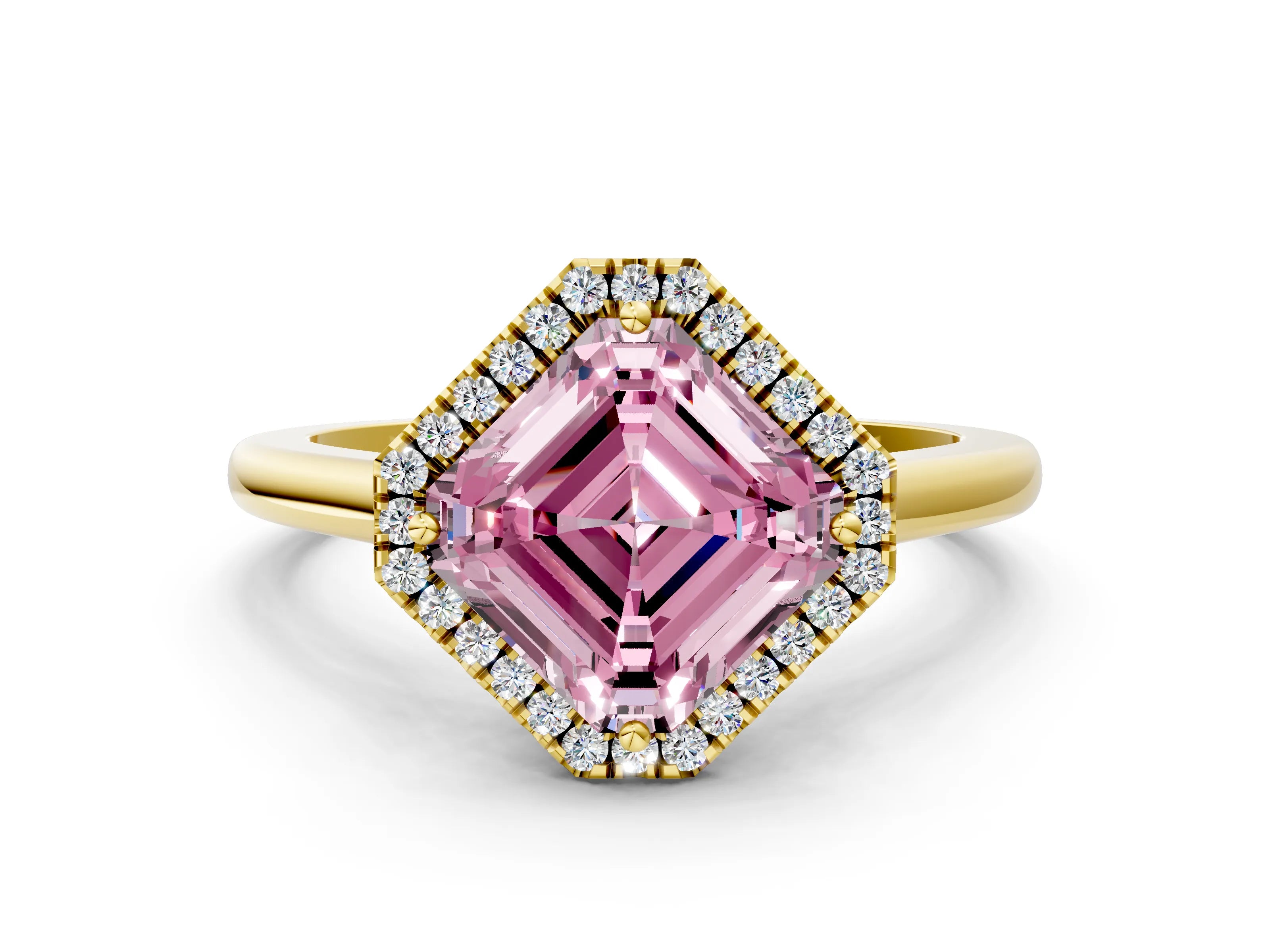 Yellow gold Fancy Pink Asscher Cut Halo Round Diamond Solitaire Engagement Ring with Pave Band and Four-Prong Setting_12