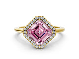 Yellow gold Fancy Pink Asscher Cut Halo Round Diamond Solitaire Engagement Ring with Pave Band and Four-Prong Setting_12