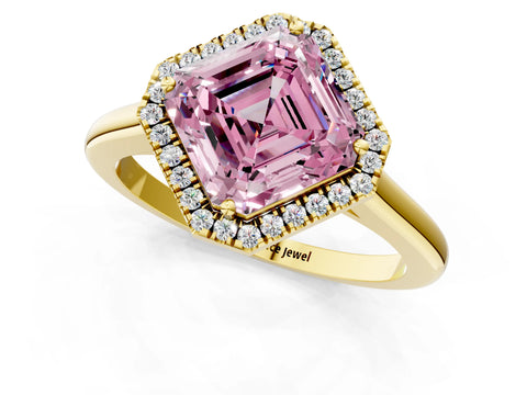 Yellow gold Fancy Pink Asscher Cut Halo Round Diamond Solitaire Engagement Ring with Pave Band and Four-Prong Setting_13