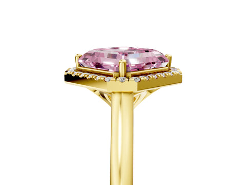 Yellow gold Fancy Pink Asscher Cut Halo Round Diamond Solitaire Engagement Ring with Pave Band and Four-Prong Setting_17