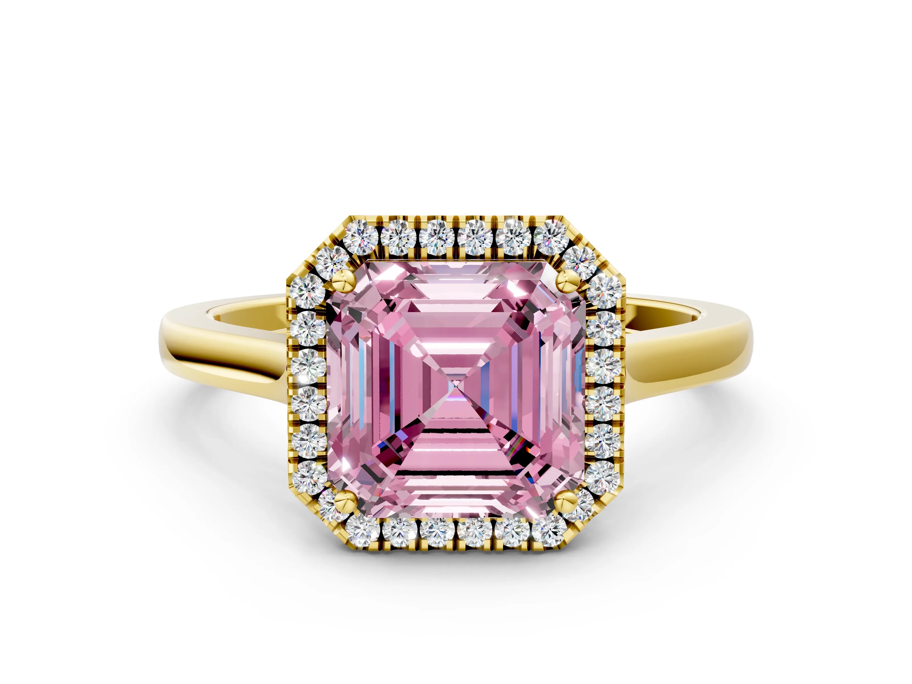 Yellow gold Fancy Pink Asscher Cut Halo Round Diamond Solitaire Ring with Pavé Band and Four-Prong Setting