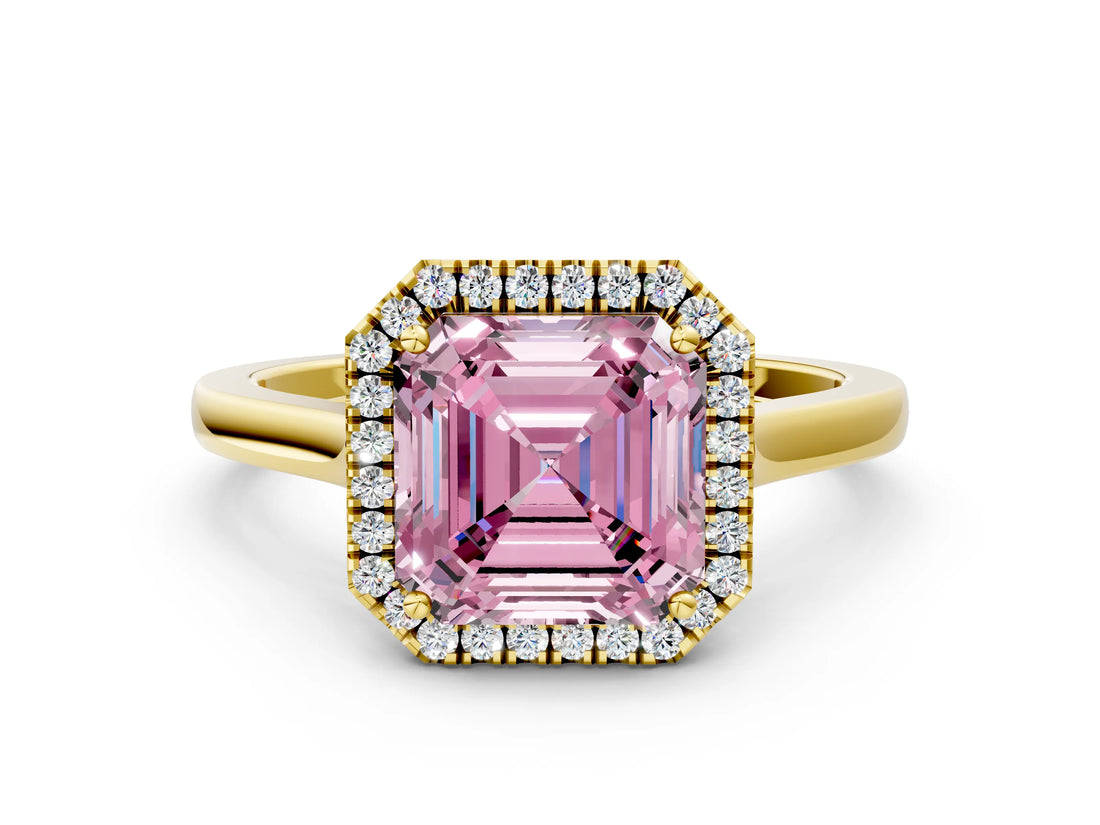 Yellow gold Fancy Pink Asscher Cut Halo Round Diamond Solitaire Ring with Pavé Band and Four-Prong Setting
