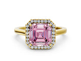 Yellow gold Fancy Pink Asscher Cut Halo Round Diamond Solitaire Ring with Pavé Band and Four-Prong Setting