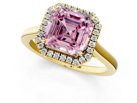 Yellow gold Fancy Pink Asscher Cut Halo Round Diamond Solitaire Ring with Pavé Band and Four-Prong Setting_1
